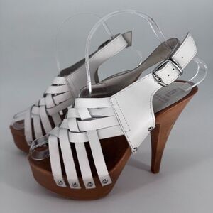 White Leather Woven Y2K Platform Heels Slingback Sandals Size 7